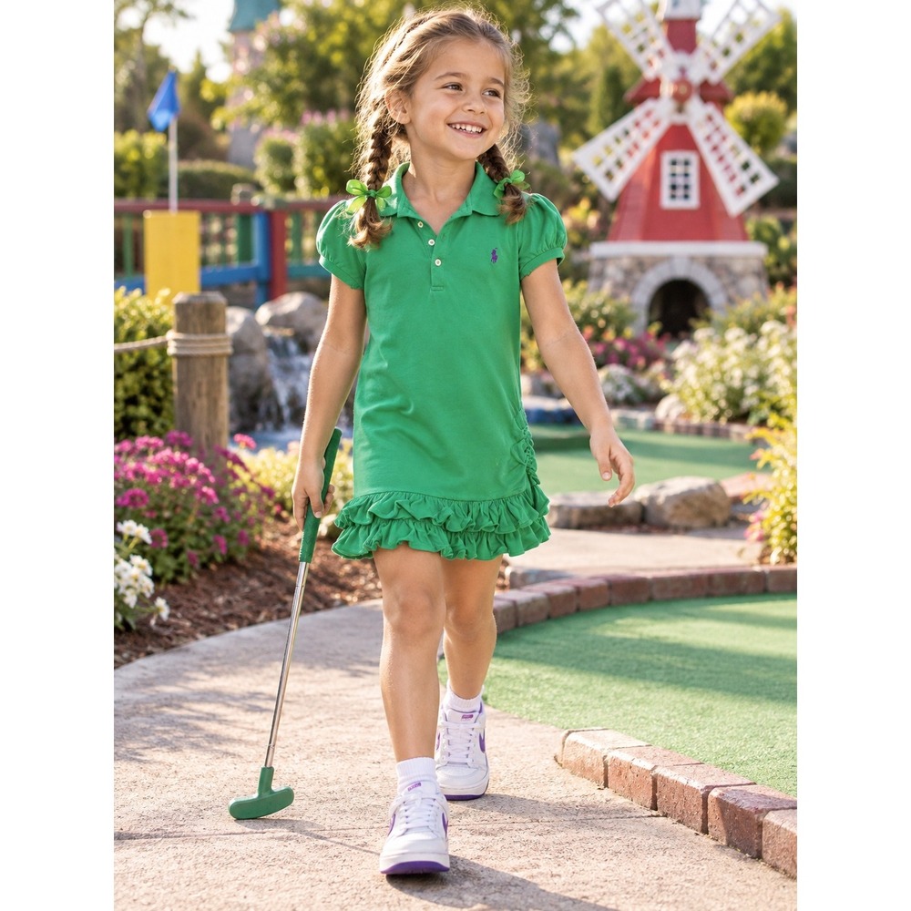 Ralph Lauren Girls Green Ruffle Hem Polo Dress Size 6 Purple Pony Logo